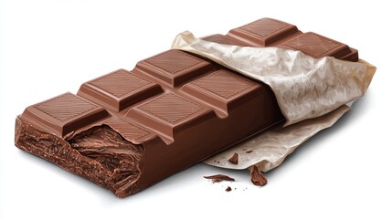 Milk chocolate bar with partially removed foil wrapper and visible bite marks