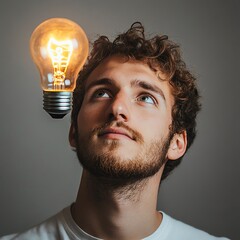 Man Looking Up at Lightbulb Having an Idea or Solution  high resolution   for isolate image
