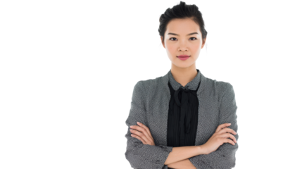 Confident businesswoman with arms crossed, isolated on white background.