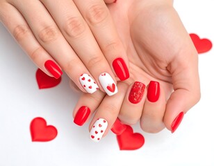 Red and white heart nail art on a white background surrounded by small red hearts