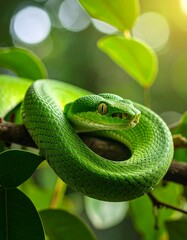 Obraz premium A vibrant green snake coiled on a branch, surrounded by lush foliage, looking alert.