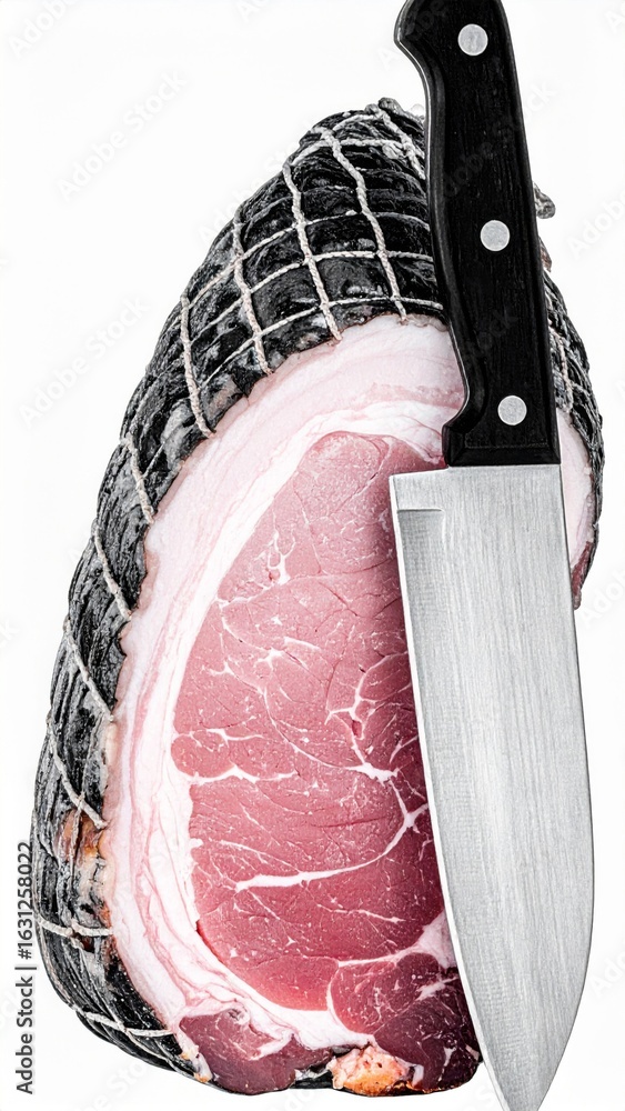 Poster Raw Pork Loin Roast in Black Netting with Sharp Knife for Cutlets Preparation