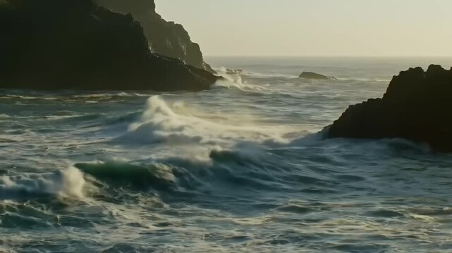 Powerful ocean waves crashing against dark, rocky coastline