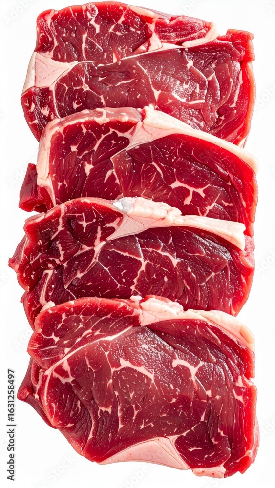 Poster Close Up on Raw Marbled Beef Steaks Stacked Vertically on a White Background