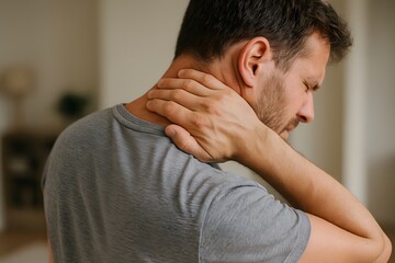 Fototapeta premium Man Experiencing Neck Pain in a Home Setting