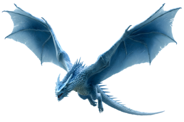 A fierce blue dragon with large wings and icy scales soaring through the sky isolated on transparent background