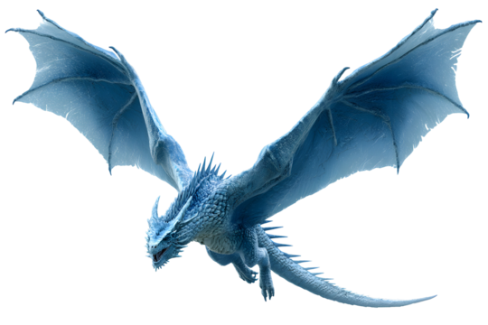 A fierce blue dragon with large wings and icy scales soaring through the sky isolated on transparent background