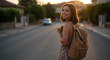 Fototapeta premium Smiling Young Woman with Backpack Walks Down Suburban Street at Sunset Looking Back