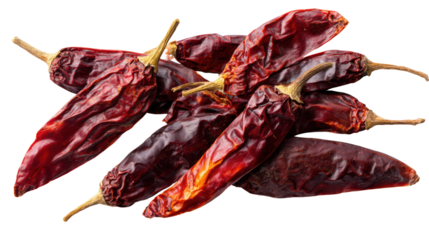Dried chili peppers, rich in flavor, perfect for culinary dishes, white isolated background.
