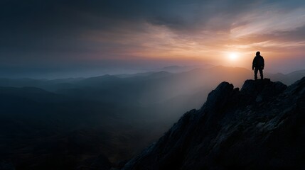 Silhouetted traveler stands atop a mountain peak at sunrise
