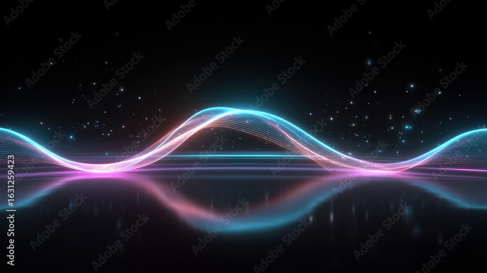 Poster serene holographic waveform projection floating in darkness. glowing abstract light of blue and pink