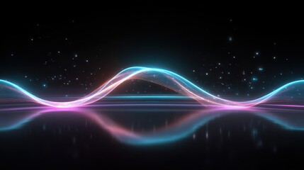 Serene holographic waveform projection floating in darkness. Glowing abstract light of blue and pink color creating beautiful reflection on glossy surface below