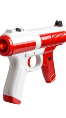 Red and white plastic toy gun, angled view