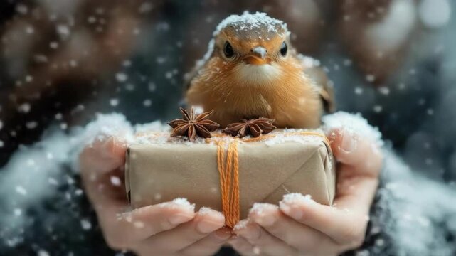 Snowy winter bird with gift in hands of caucasian woman. Merry Christmas. Happy New Year