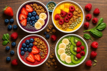 Assorted Fruit Smoothie Bowls with Berries and Toppings