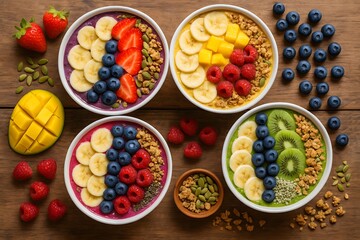 Fruit Smoothie Bowls with Fresh Berries and Granola on Wooden Table