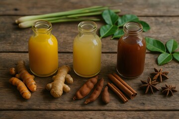 Herbal Remedies with Bottles and Spices on Wooden Table
