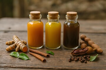 Herbal Extracts Bottles with Spices and Leaves for Natural Remedies and Cooking