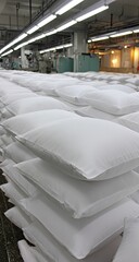 Rows of white pillows stacked on a factory floor
