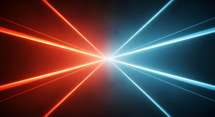 Glowing red and blue laser beams cross and clash on a dark background, meeting at a bright central point of impact.