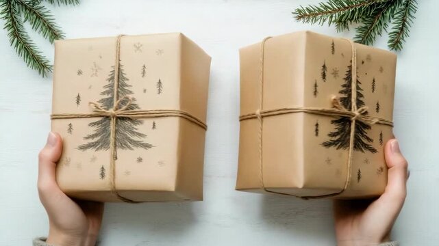Two wrapped gifts with pine tree design and jute twine on white background. Merry Christmas. Happy New Year