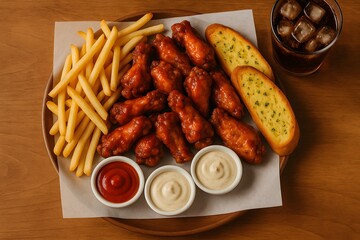 Fried Chicken with Fries Garlic Bread and Drinks