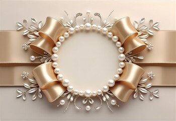 Sophisticated and elegant circular border with intricate champagne gold ribbons and delicate pearl details. A luxurious and classic frame perfect for emblems, logos, or announcements
