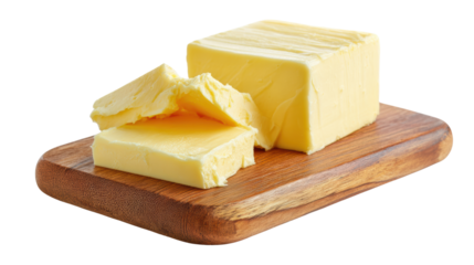 Fresh butter block and slices on a wooden cutting board, perfect for culinary use, with a light background.