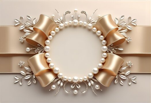 Sophisticated and elegant circular border with intricate champagne gold ribbons and delicate pearl details. A luxurious and classic frame perfect for emblems, logos, or announcements