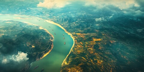 Obraz premium High-angle view of a winding river snaking through a landscape of varied terrain, from lush forests to agricultural fields. Ships are visible on the water. Clouds drift across the scene