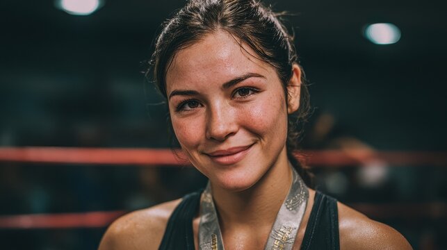 Proud young female boxer with happy smile after boxing competition. This portrait shows woman as champion winner, wearing her medal inside ring
