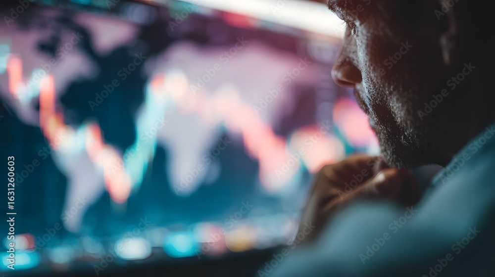 Poster forex trader intently analyzing currency exchange rates on a high screen