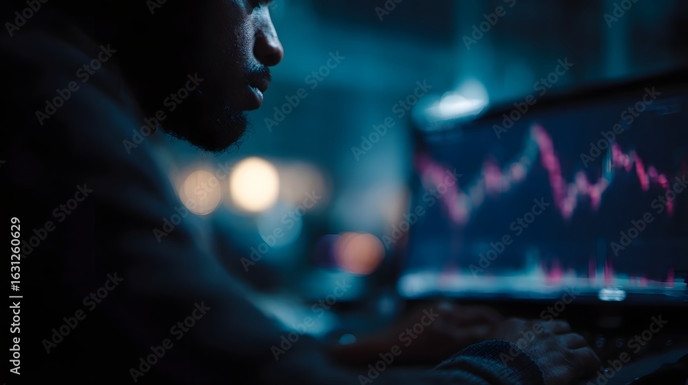 Poster forex trader analyzing currency exchange rates in a dimly lit workspace