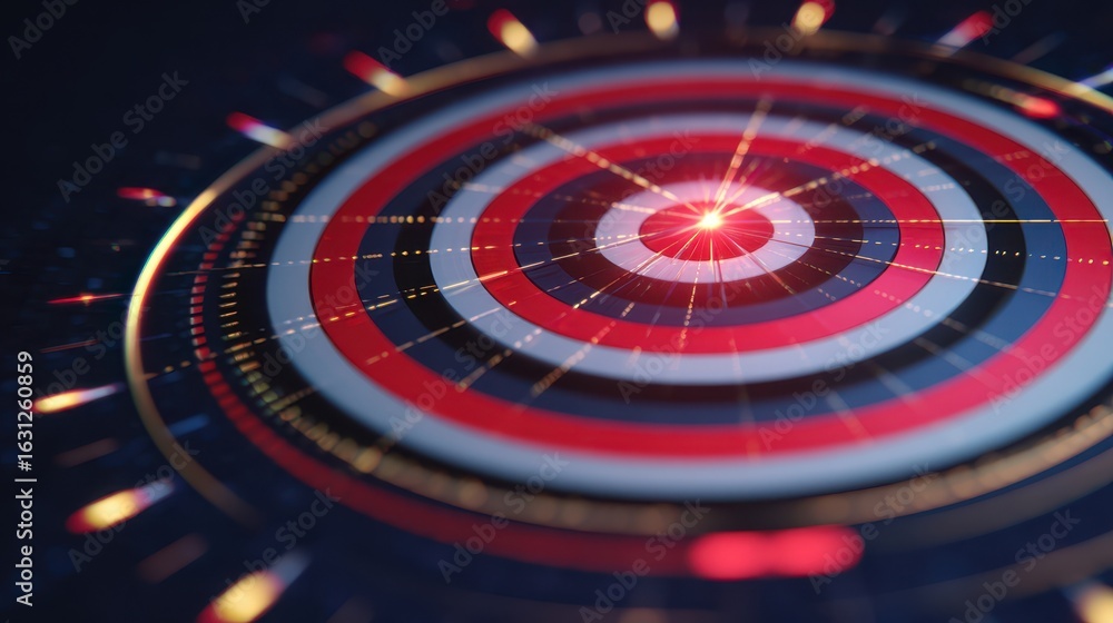 Poster futuristic abstract dartboard with glowing red center. circular interface representing precision, fo