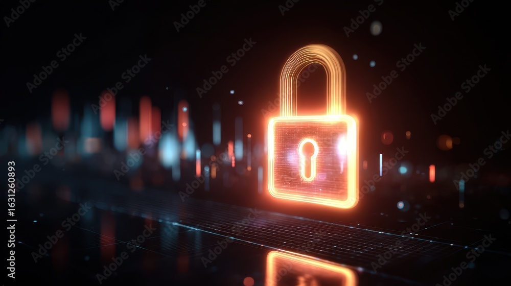 Poster glowing lock and padlock symbol of cybersecurity and data protection. digital technology for secure 