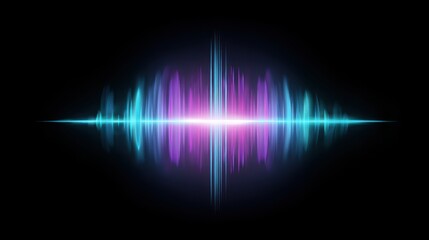Obraz premium Abstract soundwave with holographic pattern pulsing on black background. Vibrant digital light shows an audio frequency with an energetic, futuristic glow and reflection