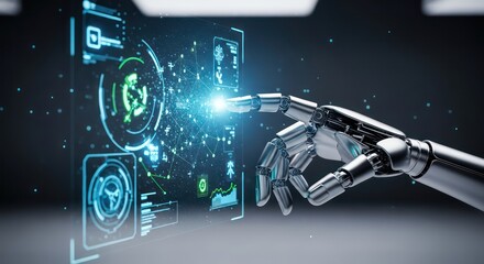 Metallic Robot Hand Touches a Glowing Neural Network on a Futuristic Interface.