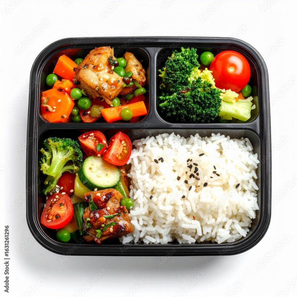 Poster overhead view of a pre packed meal with rice and mixed vegetables in a black container
