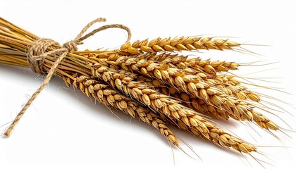Golden Wheat Stalks Tied in Burlap on White Background Symbolic of Harvest and Agriculture