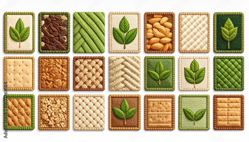 Poster Assorted Square Crackers with Textures and Plant Decor in Macro Flat Lay and Beige Background