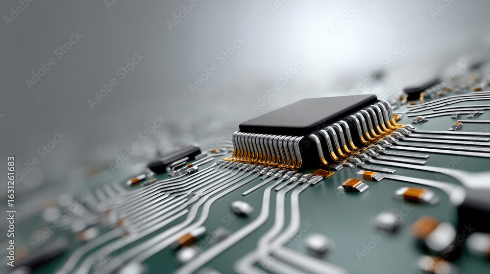 Poster microchip circuit technology electronic component board closeup silver modern innovation. microchip 