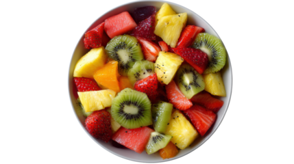 Fresh mixed fruit salad in a bowl, vibrant colors of strawberries, kiwi, pineapple, and more.