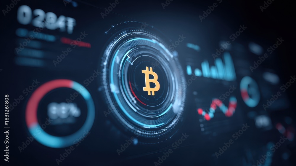 Poster sophisticated futuristic cryptocurrency interface showing data analysis for finance and technology. 