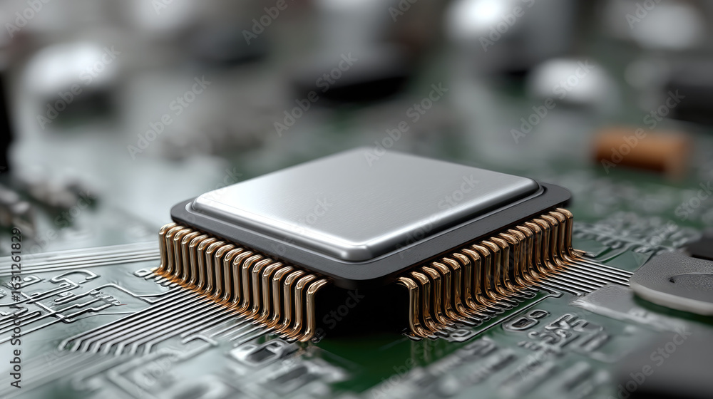 Poster microchip processor technology circuit electronic component macro green silver closeup innovation mo