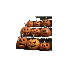 Group of Carved Halloween Pumpkins with Various Funny and Scary Faces – Jack-o'-Lantern Display on Steps

