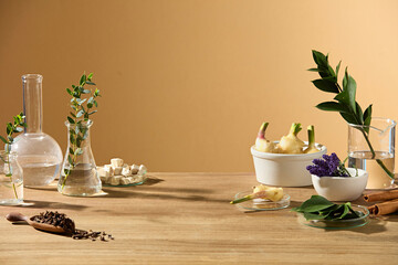 Natural ingredients like ginger, cinnamon, purple basil, and ginseng root are arranged with lab...