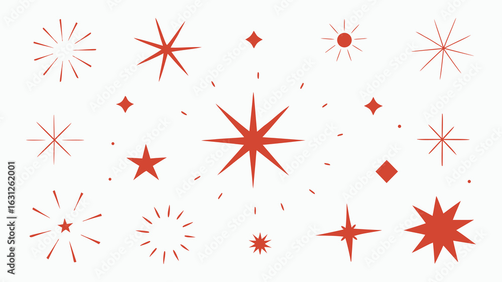 Poster vector art of red starburst and geometric shapes pattern isolated on white background.