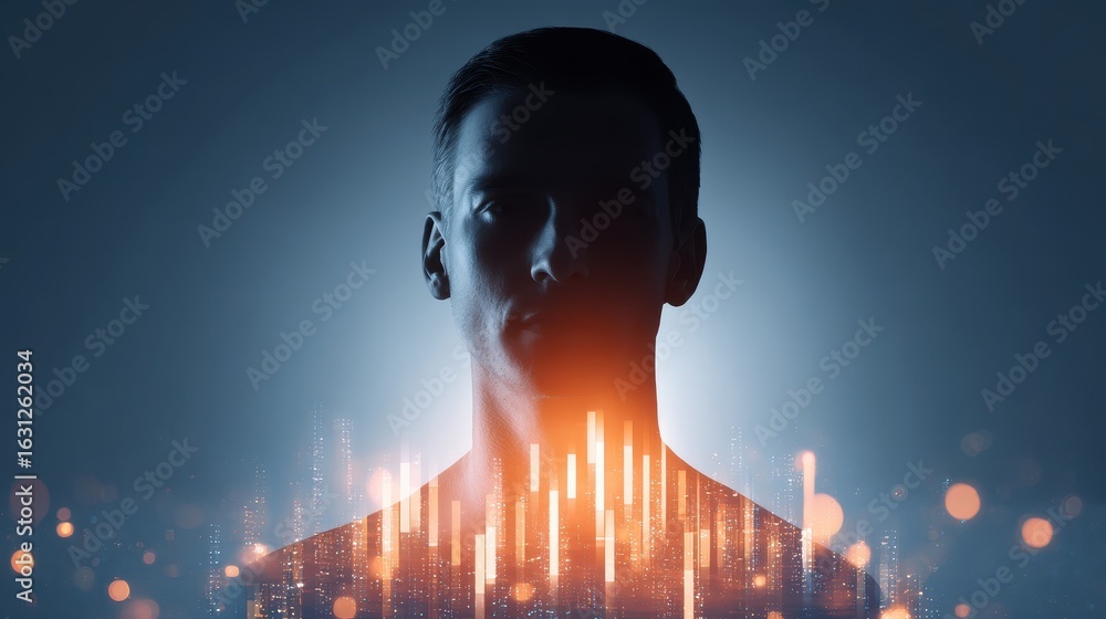 Poster silhouette of contemplative man with glowing aura and futuristic light. digital portrait representin