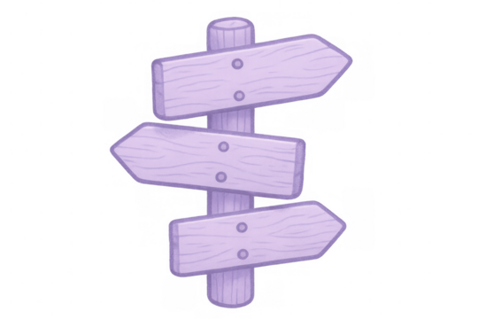 Weathered purple wooden signpost featuring three blank directional arrows against transparent background, representing navigation and travel possibilities