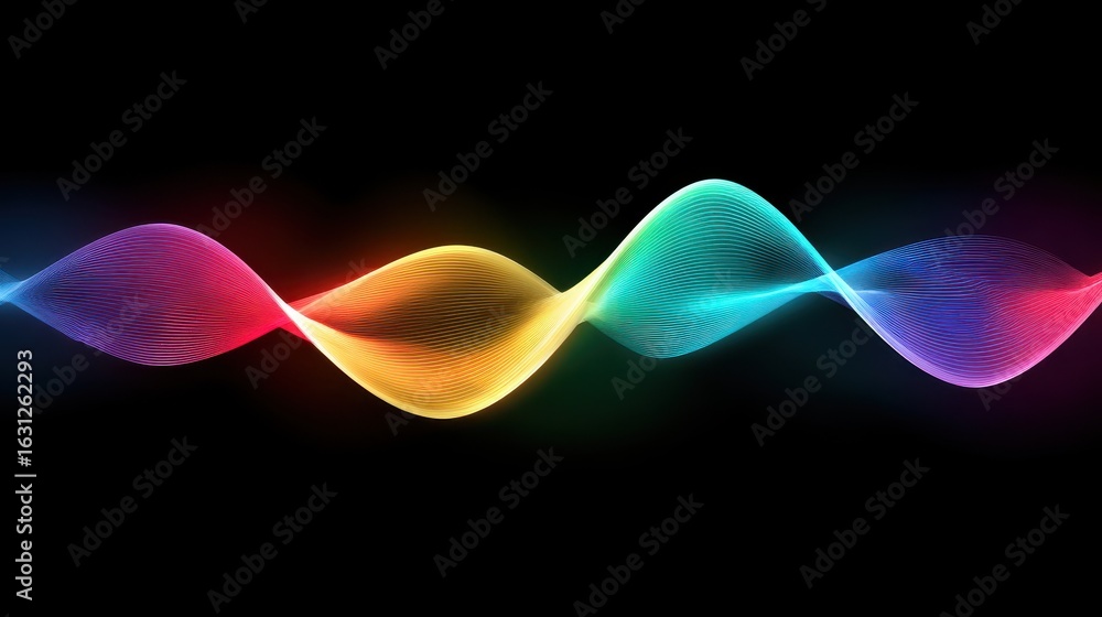 Poster vibrant abstract wave with glowing light spectrum of color on dark background. futuristic soundwave 